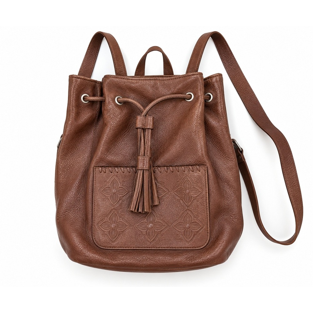 Sundance Brown Leather Tassel Drawstring Backpack Embossed Floral Boho Bag